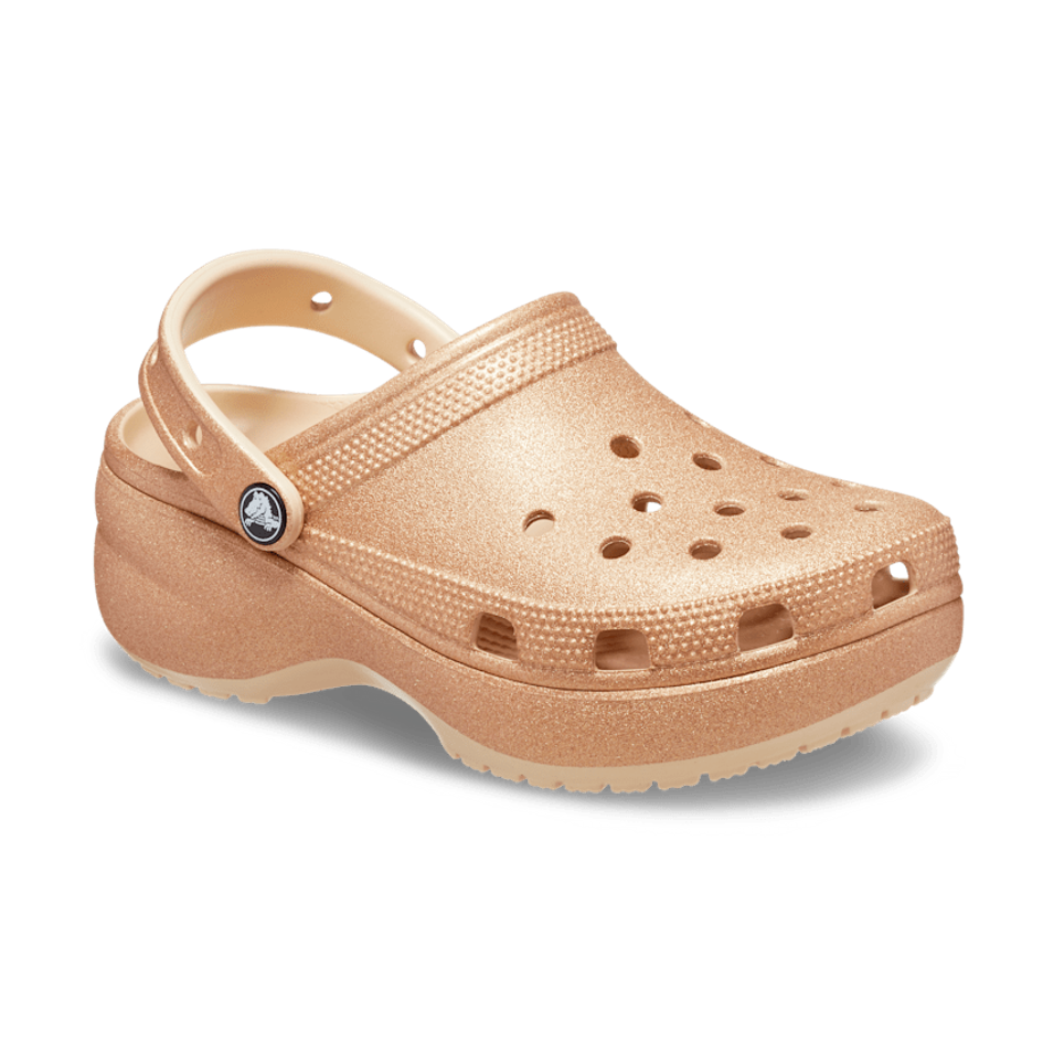 NEW CROCS WOMENS CLASSIC PLATFORM GLITTER CLOG SHITAKE GOLD