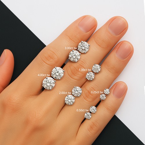 Round Brilliant Cut Lab-Created Diamond Studs 4-Prong Stud Earrings in 14k Gold - Picture 82 of 122