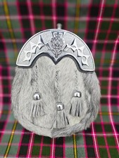 Traditional Scottish Men's Kilt Sporran with Grey Fur Thistle Knot Cantle Pewter
