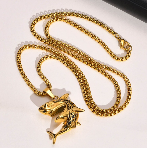 Men's Stainless Steel Vicious 3D Shark Pendant Necklace (24") - Picture 3 of 5