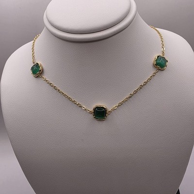 NEW Stainless Steel Gold Colored, Three Square Green Cats Eye Stones 8mm Pendant