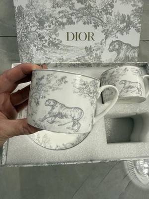 Dior Toile de Jouy Gray Tiger Porcelain Mug Tea Cup Saucer Set of