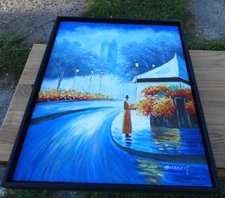 Painting 16"x20" Contemporary art Wall art, Abstraction, Blue, Town, Leaves