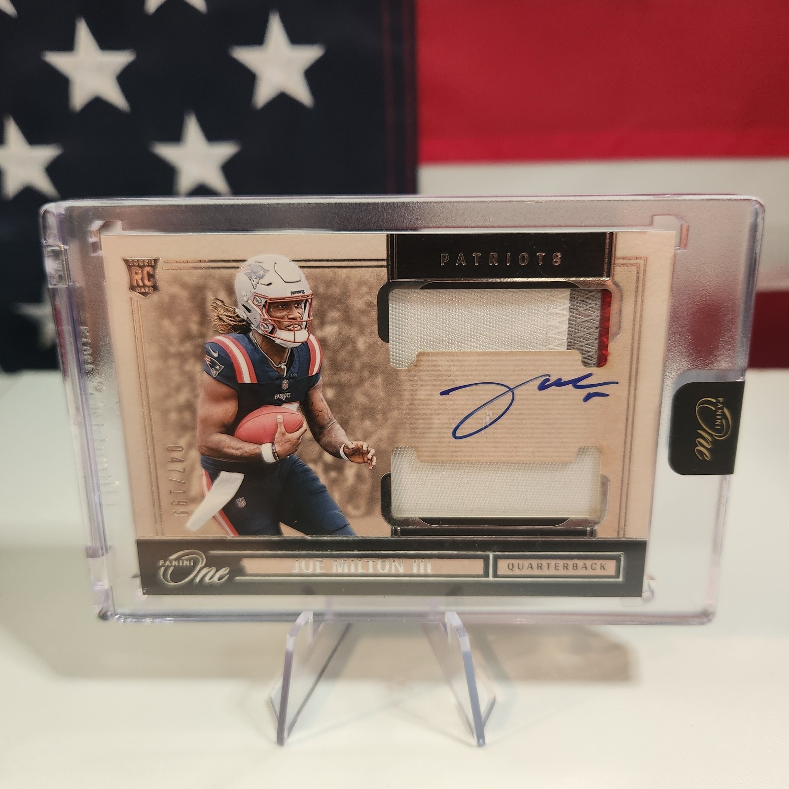 2024 Panini One #5 Joe Milton III ROOKIE Dual PATCH AUTO /199 RC RPA Patriots