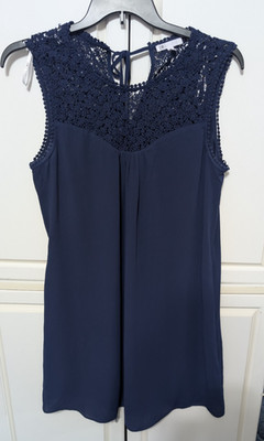 Daniel Rainn DR2 Dress Sleeveless Shift Women Large Navy Blue Crochet Lined