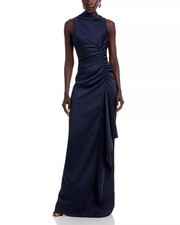 Teri Jon by Rickie Freeman Gown Satin Charmeuse Roll Collar Ruched Navy Size 0