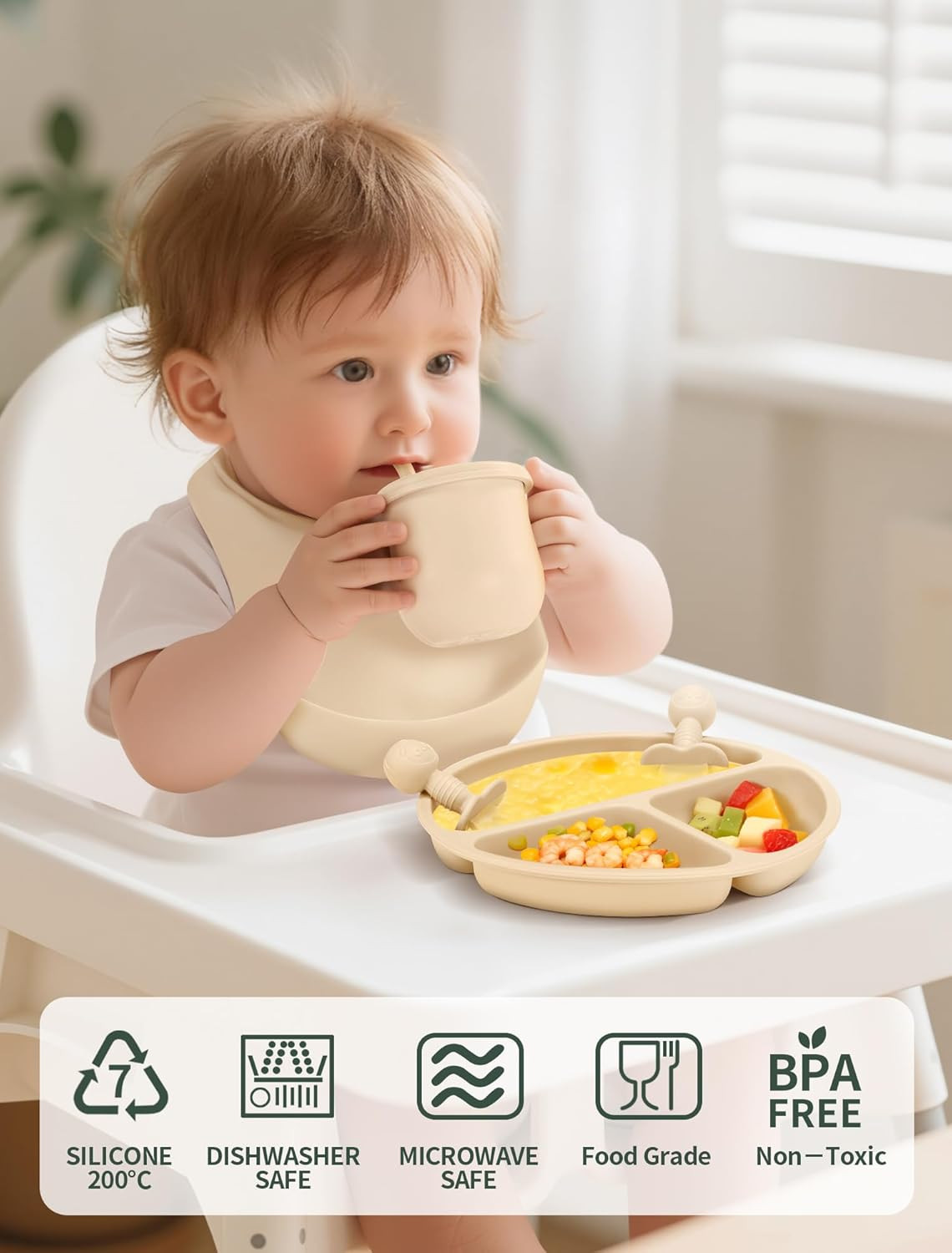 Silicone Baby Feeding Set 9 Pcs, Spill-Proof Suction Plate, Bowl, Bib, Silicone 
