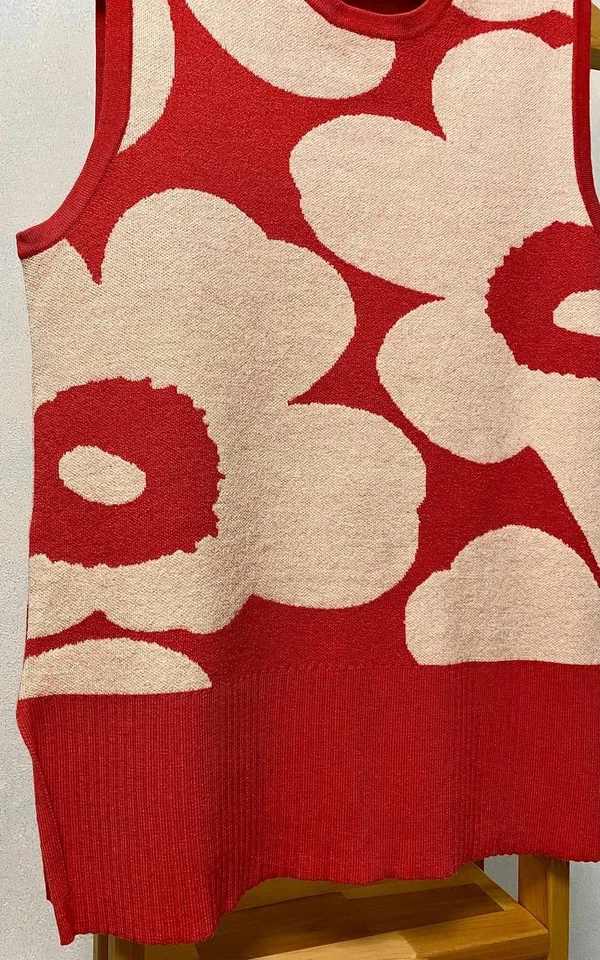 Marimekko Финляндия Tilma Unikko шерстяная смесь вязаный жилет красный белый цветочный дизайн - Изображение 2 из 4