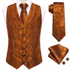 Mens Waistcoat Orange Paisley Vest Tie Hankie Cufflinks Set Wedding Event Prom