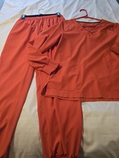 womens sz M Orange Scrubs Set Long Sleeve Top Jogger Style Pants Stretch Euc