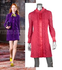GUCCI SHIRT DRESS RUFFLE DETAIL RED CORAL COTTON CLUNY LACE $3,150 sz IT 40 US 4