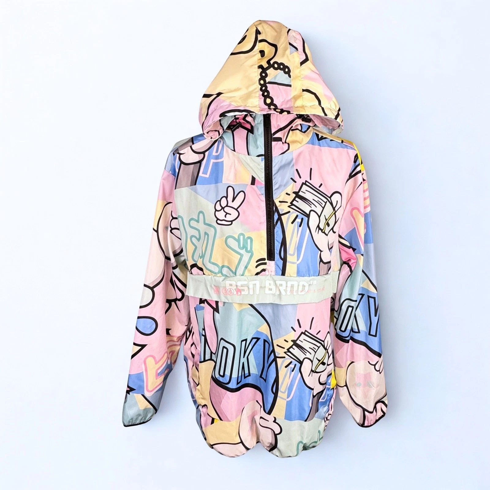 Reason NYC Windbreaker Anorak 1/2 Zip Hoodie Pop Art Graffiti Sz Large Pastels