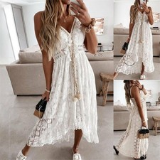 Women Lace Boho Long Maxi Dress Ladies Summer Beach Holiday Floral Sundress 6-14