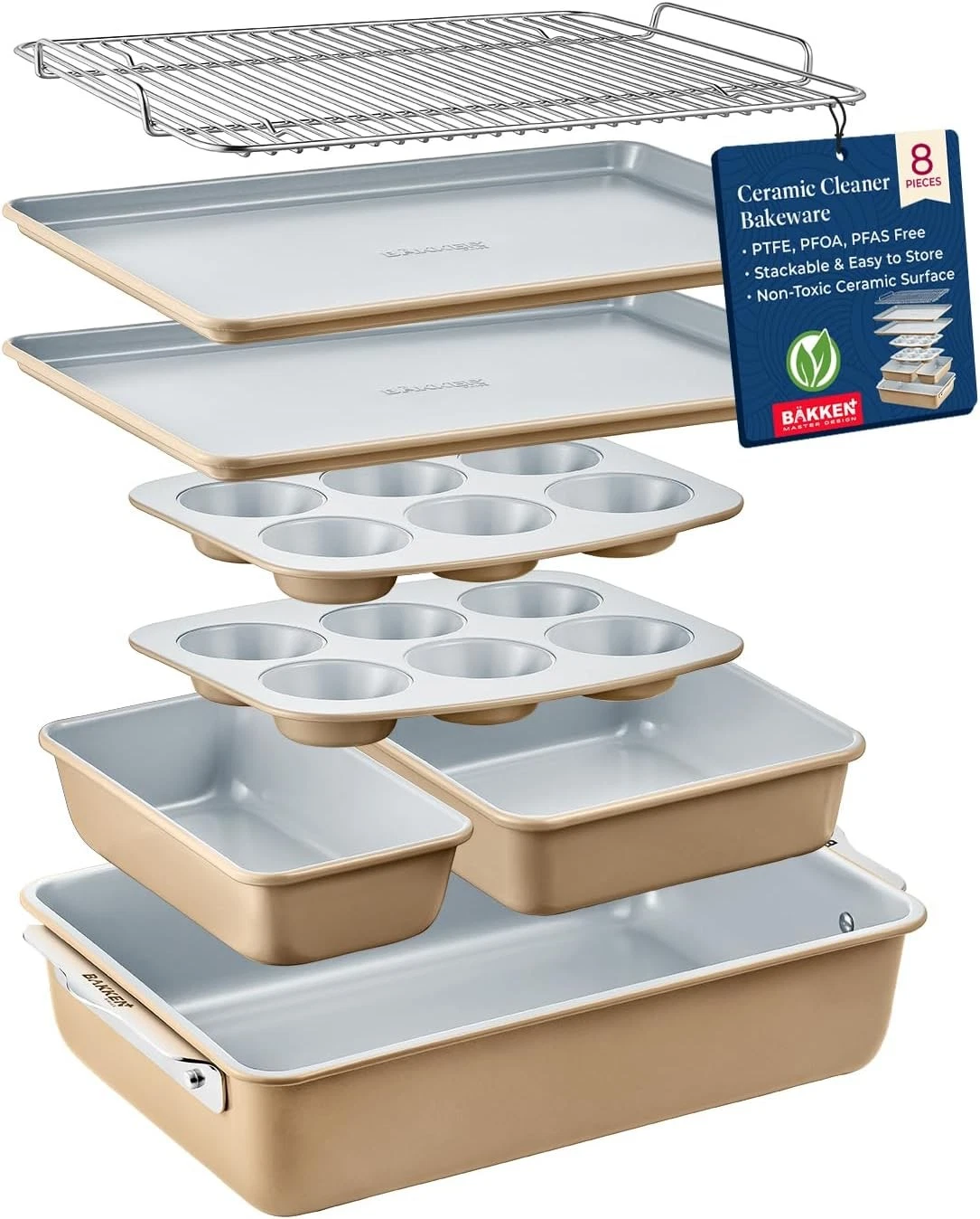 Bakken 8-Piece Stackable Bakeware Set – Ceramic Non-Stick, 8 Piece, Gold