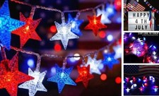 4th of July Decors String Lights, 15 FT 30 LED Fairy Star Red White Blue