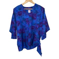 Vtg GRAFF GW Women's Blue Floral Print Tie Blouse Large Made in USA