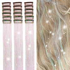 ZYXQZYX Hair Tinsel Kit Pack of 18 Pcs Hair Tinsel Clip in 19.6Inch Glitter T...