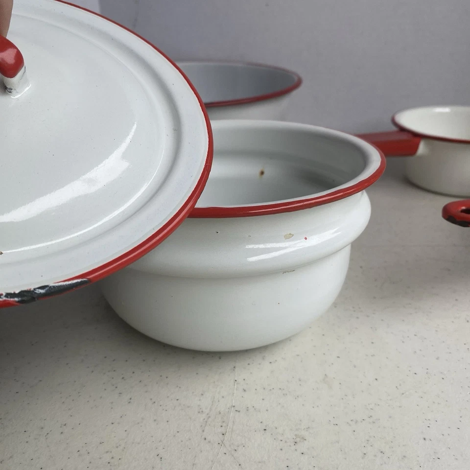 Vintage White w/Red Trim Enamelware LOT pots pans Crock Cookware Set Kitschy - Image 3 of 4