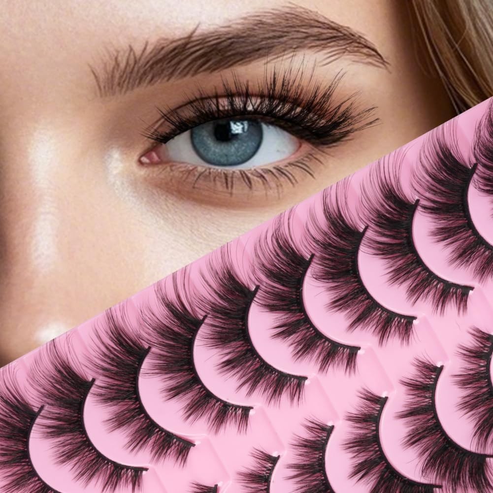 LOPHE 10PCS Cat Eye Lashes False Eyelashes, Thick and Soft Mink Like Cat Eye Ey