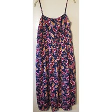 Old Navy XL Floral Linen Blend Waist Defined Midi Cami Dress Blues Pinks Pockets