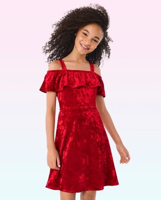 Sugar & Jade Girls' Red Velvet Off-Shoulder Dress Holiday Party Dance, L 12/14