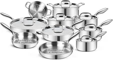 EWFEN Stainless Steel Cookware Set, 3 Ply 17 Piece Stainless Steel Pot and Pan S