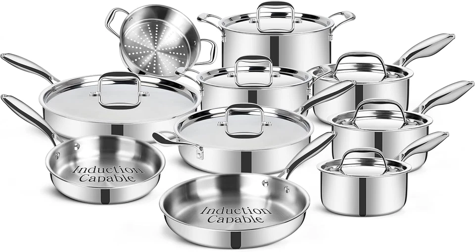 EWFEN Stainless Steel Cookware Set, 3 Ply 17 Piece Stainless Steel Pot and Pan S