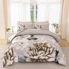 Comforter Set Full Size Khaki Floral Bedding Set 7 Pieces Flower Bed Set with 