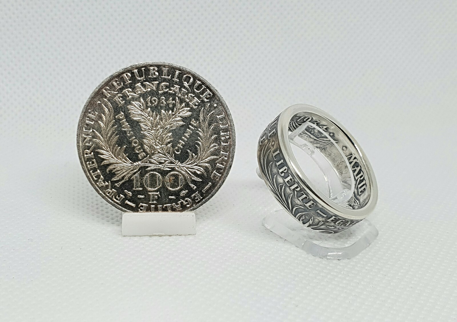 Bague pièce de monnaie 100 Francs Marie Curie en argent massif ciselé main