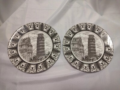 222 Fifth Slice of Life Tower of Pisa 2 Dinner Plates 10 3/4'' Marla Shega w2s22