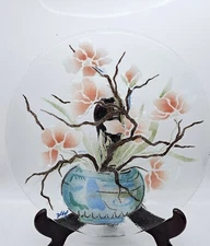 Fused Glass Plate Pink Green Flowers Large 17" Signed by Artist 