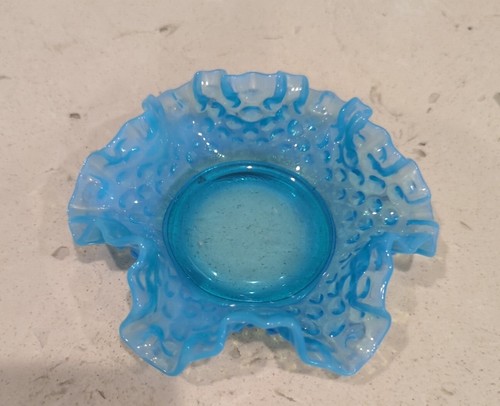 VTG Fenton Blue Opalescent Hobnail Glass Bowl Ruffled Crimped Edge Candy Dish - Picture 4 of 6