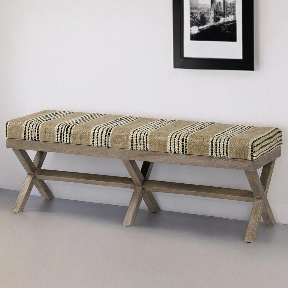 16" Beige And Brown Upholstered Cotton Blend Bench - Image 2 of 4