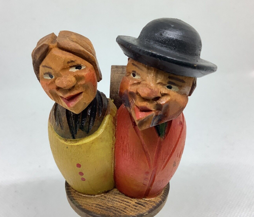 Vtg ANRI Italy Carved WOOD Wine BOTTLE Cork STOPPER Mechanical Kissing Couple ** - Imagen 8 de 10