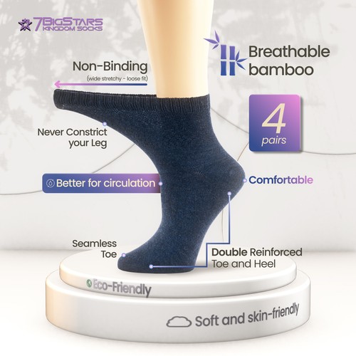 Women Quarter Bamboo Diabetic Socks L-M 4 Pack White Black Blue Brown Beige Gray - Picture 65 of 126