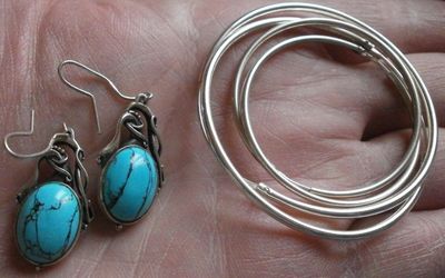 Boucles D'oreilles Pendantes Argent Massif Avec Perles Cabochon Verre - Vintage, Bel état