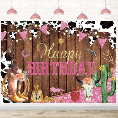 Western Cowgirl Happy Birthday Backdrop Cow Print Pink Wild Party Decorations... - Picture 4 of 8