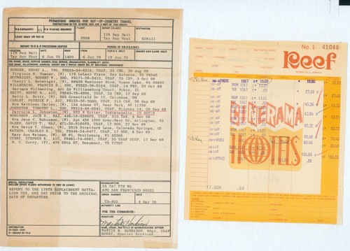 1970 Army Vietnam R&R Travel Order Hotel Receipt Reef Hotel Honolulu Hawaii USA