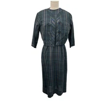 Vintage Nelly Don Dress Jacket 2 Piece Set Blue Green Plaid