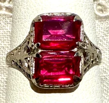 Antique Edwardian Ostby Barton 10K Gold Double RUBY Filigree Ring ~MALTESE CROSS
