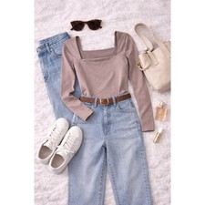 Abercrombie  Fitch Women's Soft A F Square Neck Bodysuit Taupe Basic Size L