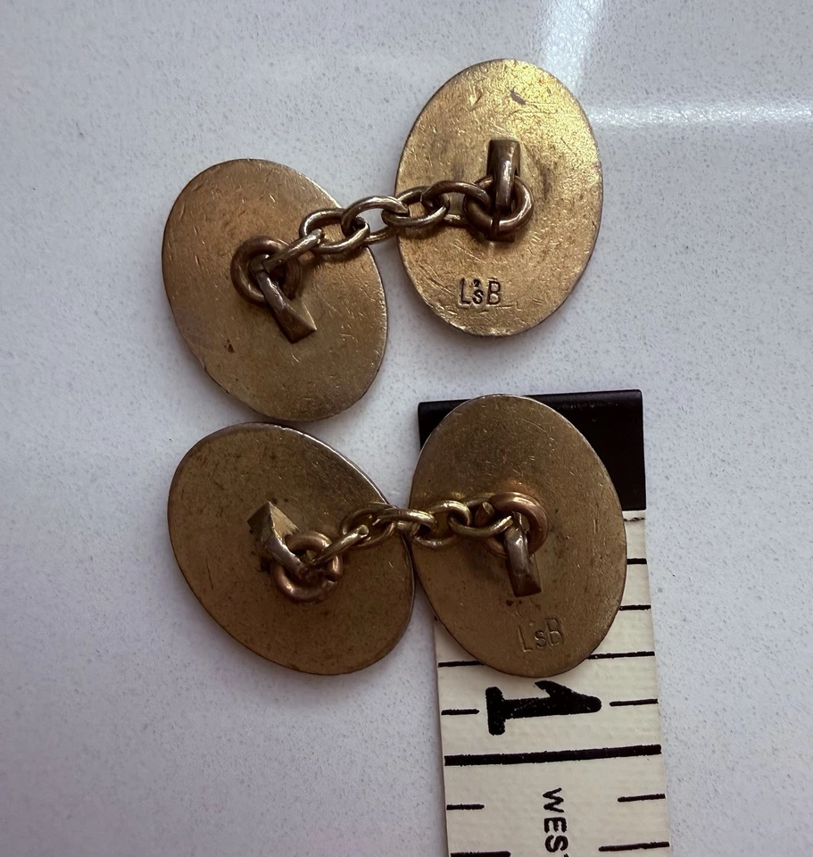 Gemelos Art Deco Vintage Lambournes Esmalte Tono Dorado Escudo de Armas Foto 4 de 4