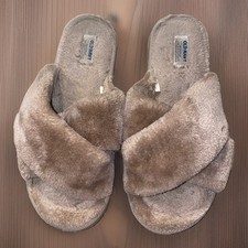 Old Navy Luxe Slippers Shoes Womens Size 9 Beige Faux Fur Slide Lined Cozy House