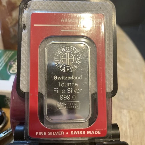 1 oz Argor Heraeus Silver Bar From Switzerland  In Assay Card Fine Silver