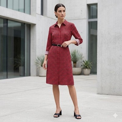Roberto Verino Long Sleeve Button Front Dress Geo Print Red White Black 
