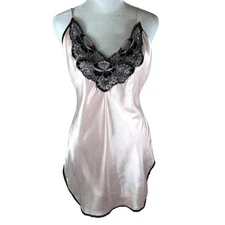 Vtg Val Mode Pink Satin Black Lace Trim Chemise Nightgown Size Small USA Made