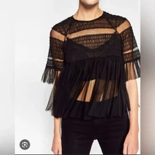Zara Trafaluc Black Sheer Mesh Peplum Top Size L – NWT