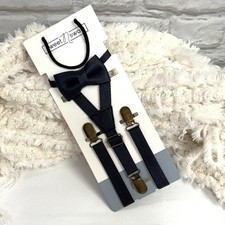Sweet  Swag Boys  Toddlers Leather Sz 0-5 Suspender  Bow Tie Set Navy Blue