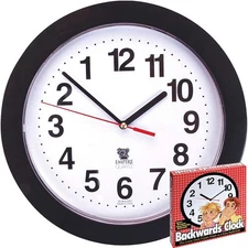 Black Backwards Wall Clock, Runs Counterclockwise and Reverse