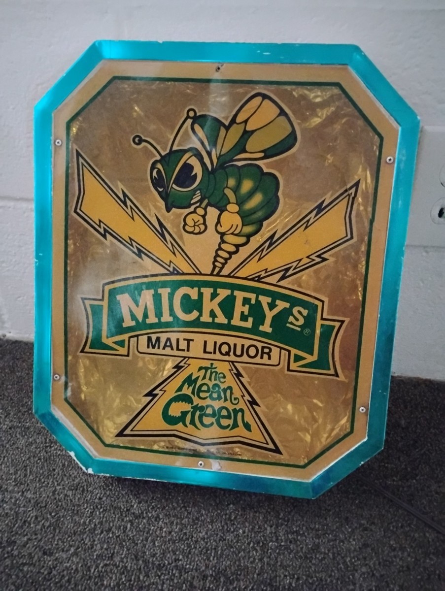 【激レア当時物・アルミ製】80s 米国製 ストリートサイン 3枚セット 証明書付 Vintage 1980's Mickeys Malt Liquor Light Up Bar Foil Sign 